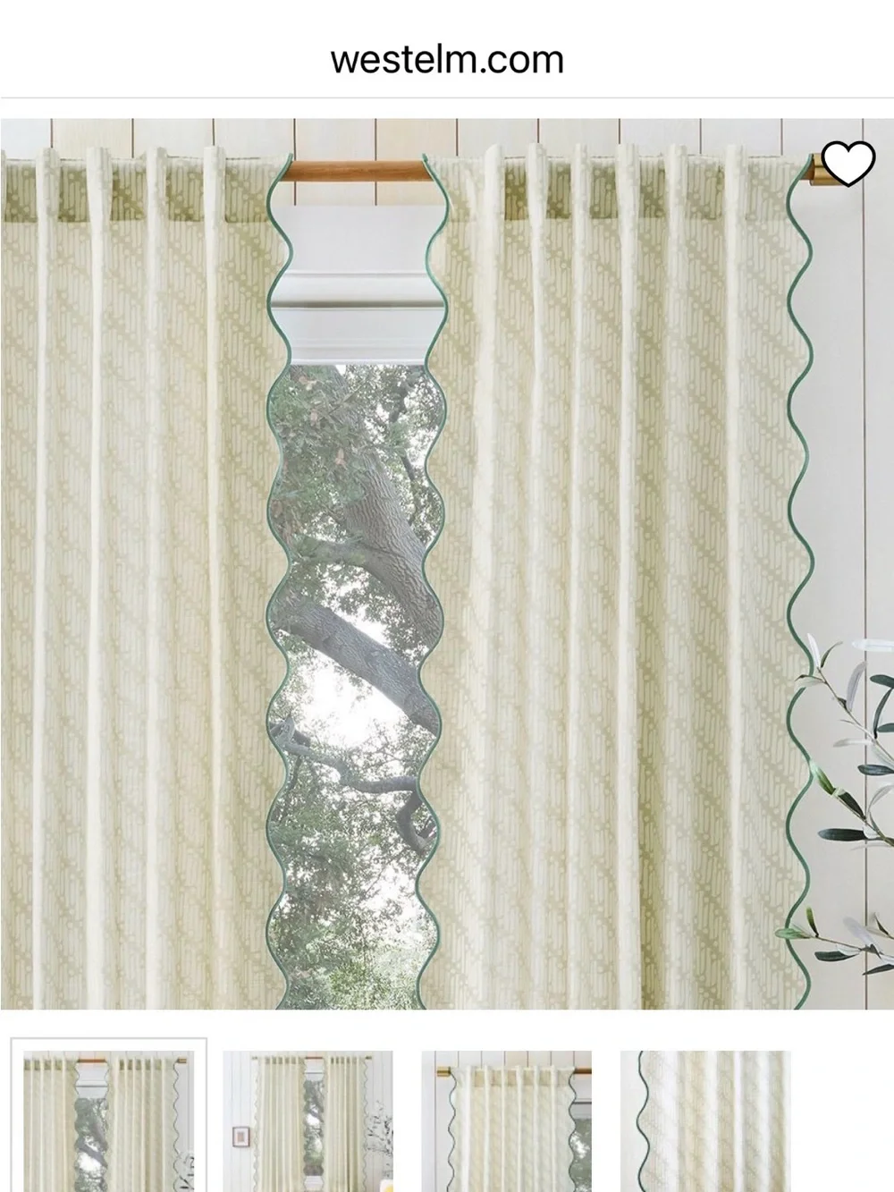 West Elm Pale Green & Cream Curtain Panel with Green Scalloped Trim (Set of 2)